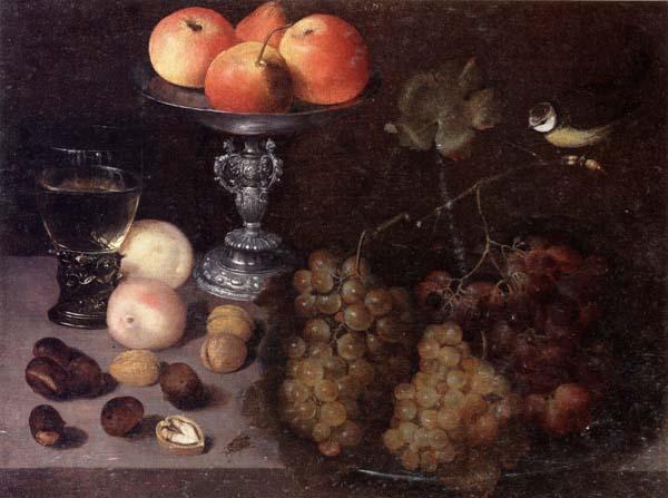 Georg Flegel Still life of grapes on a pewter dish,together with peaches,nuts,a glass roemer and a silver tazza containing apples and pears,and a blue-tit China oil painting art